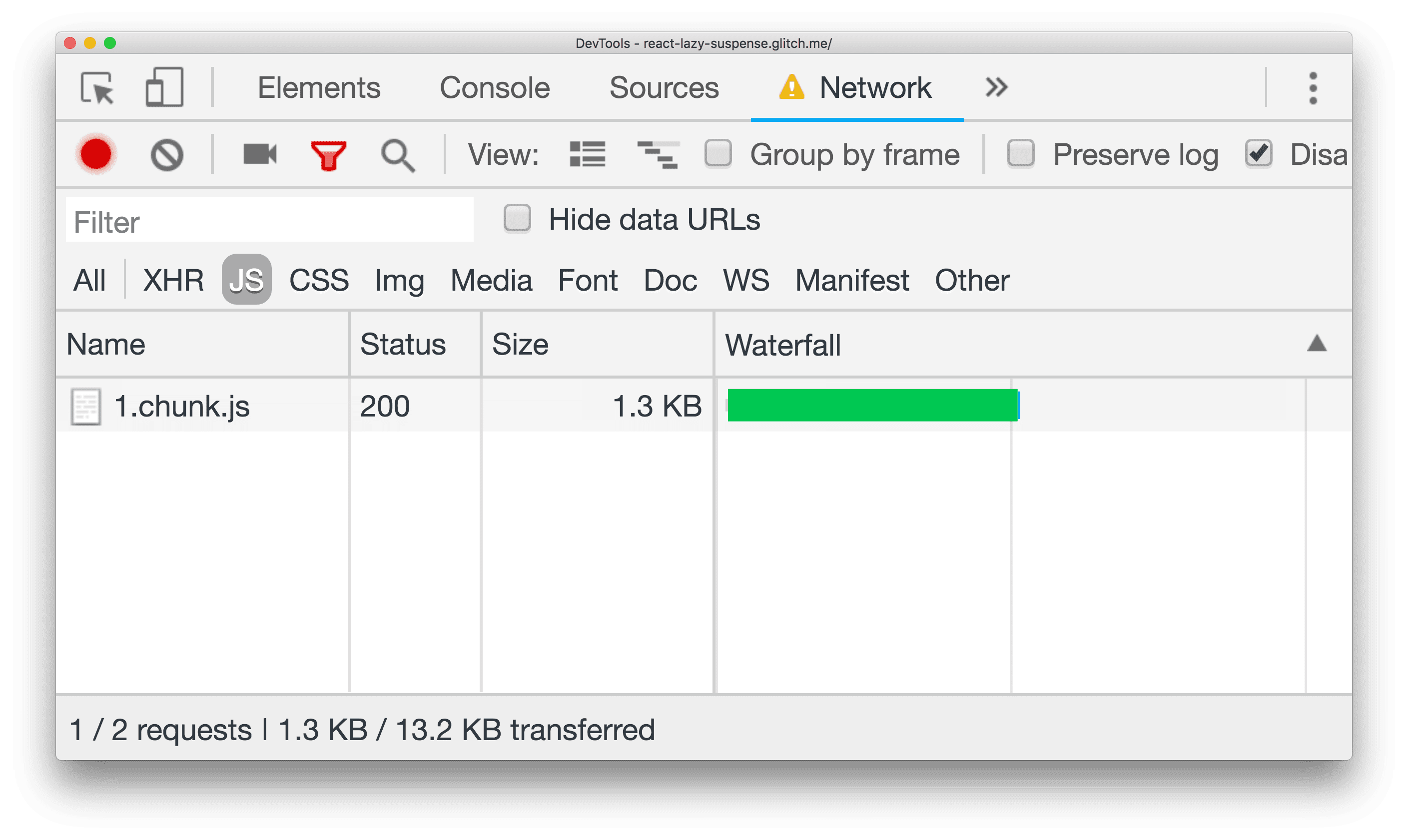 ダウンロード中の 1 つの chunk.js ファイルが表示されている DevTools ネットワーク パネル