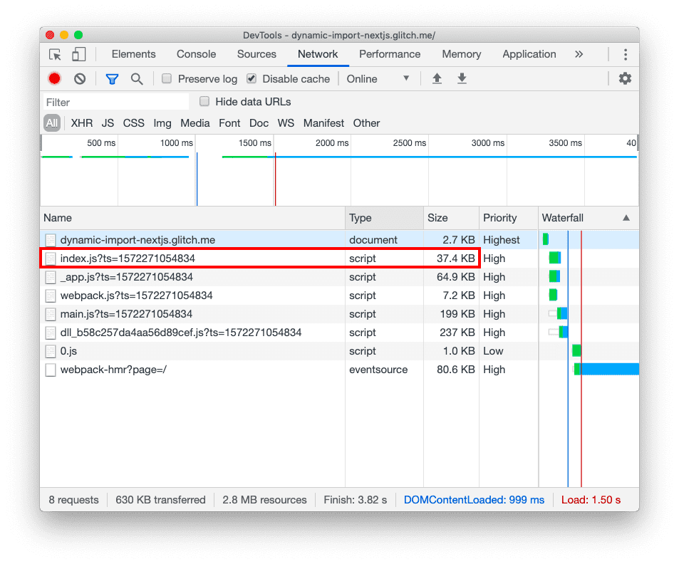 DevTools Network showing the same six JavaScript files, except index.js is now 0.5 KB smaller.