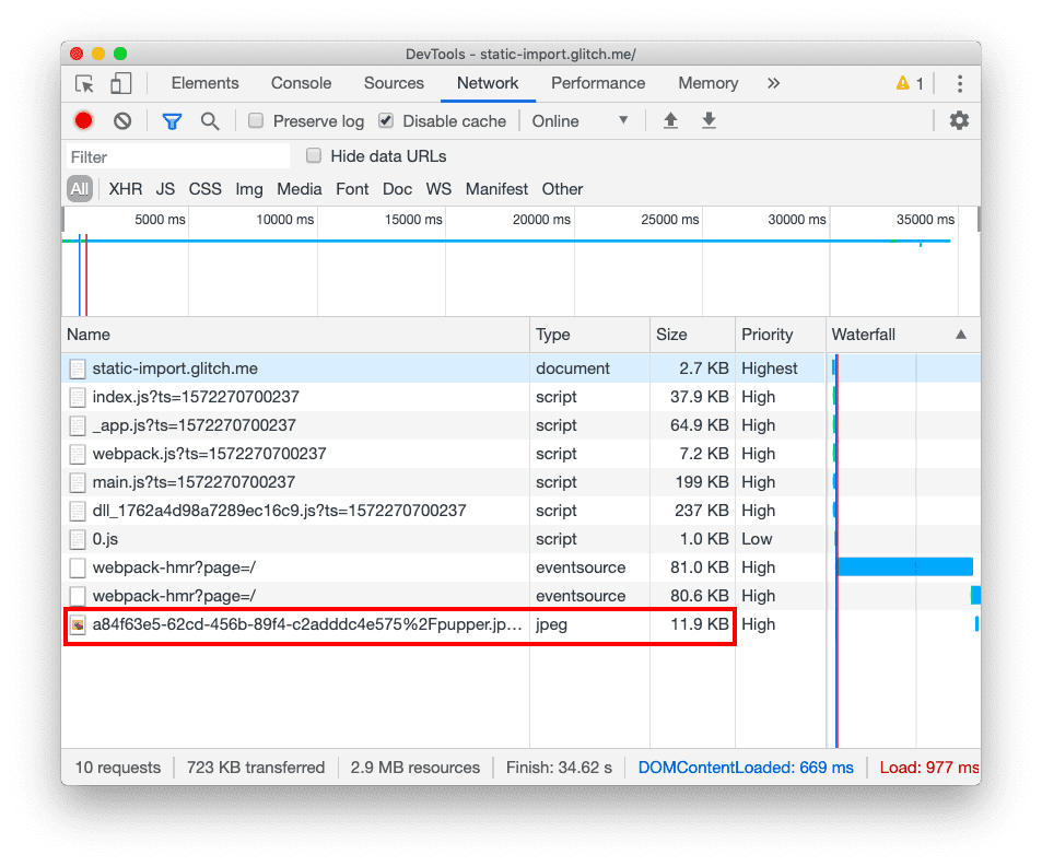 Scheda Rete DevTools dopo il clic sul pulsante, che mostra gli stessi sei file JavaScript e un&#39;immagine.