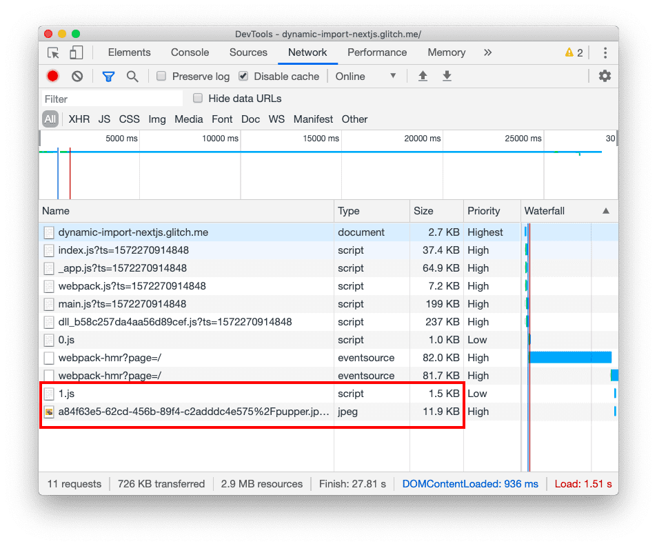 Pestaña Network de Herramientas para desarrolladores después de hacer clic en el botón, que muestra el archivo 1.js adicional y la imagen agregada a la parte inferior de la lista de archivos.