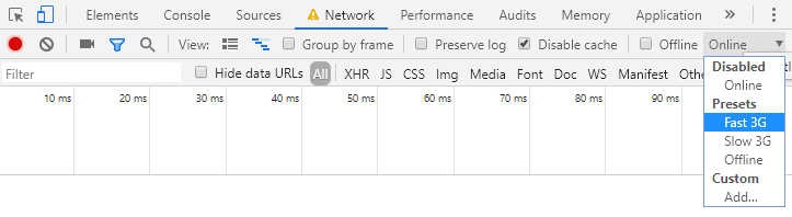 Entwicklertools-Tab „Netzwerk“ mit hervorgehobener Option „Schnelle 3G-Drosselung“