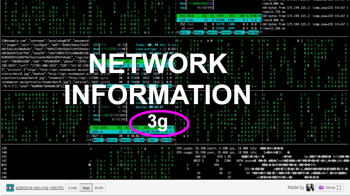 मैट्रिक्स जैसी वीडियो बैकग्राउंड, जिसमें &#39;NETWORK INFORMATION 3g&#39; टेक्स्ट ओवरले है