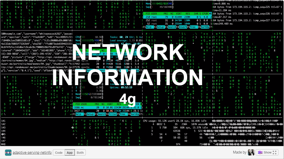Tło wideo przypominające matrycę z nakładką tekstową „NETWORK INFORMATION 4g”