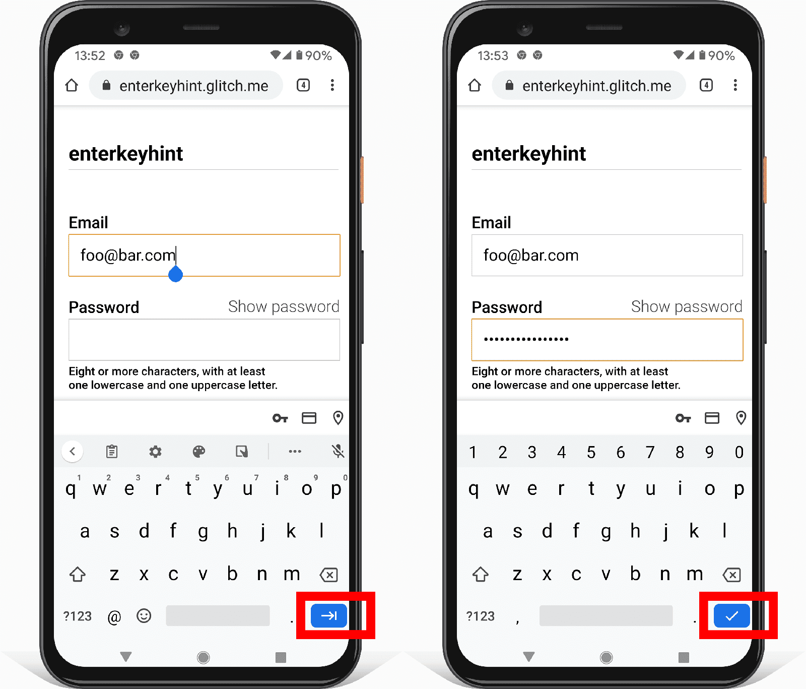 Deux captures d&#39;écran d&#39;un formulaire sur Android montrant comment l&#39;attribut d&#39;entrée &quot;enterkeyhint&quot; modifie l&#39;icône du bouton &quot;Entrée&quot;.