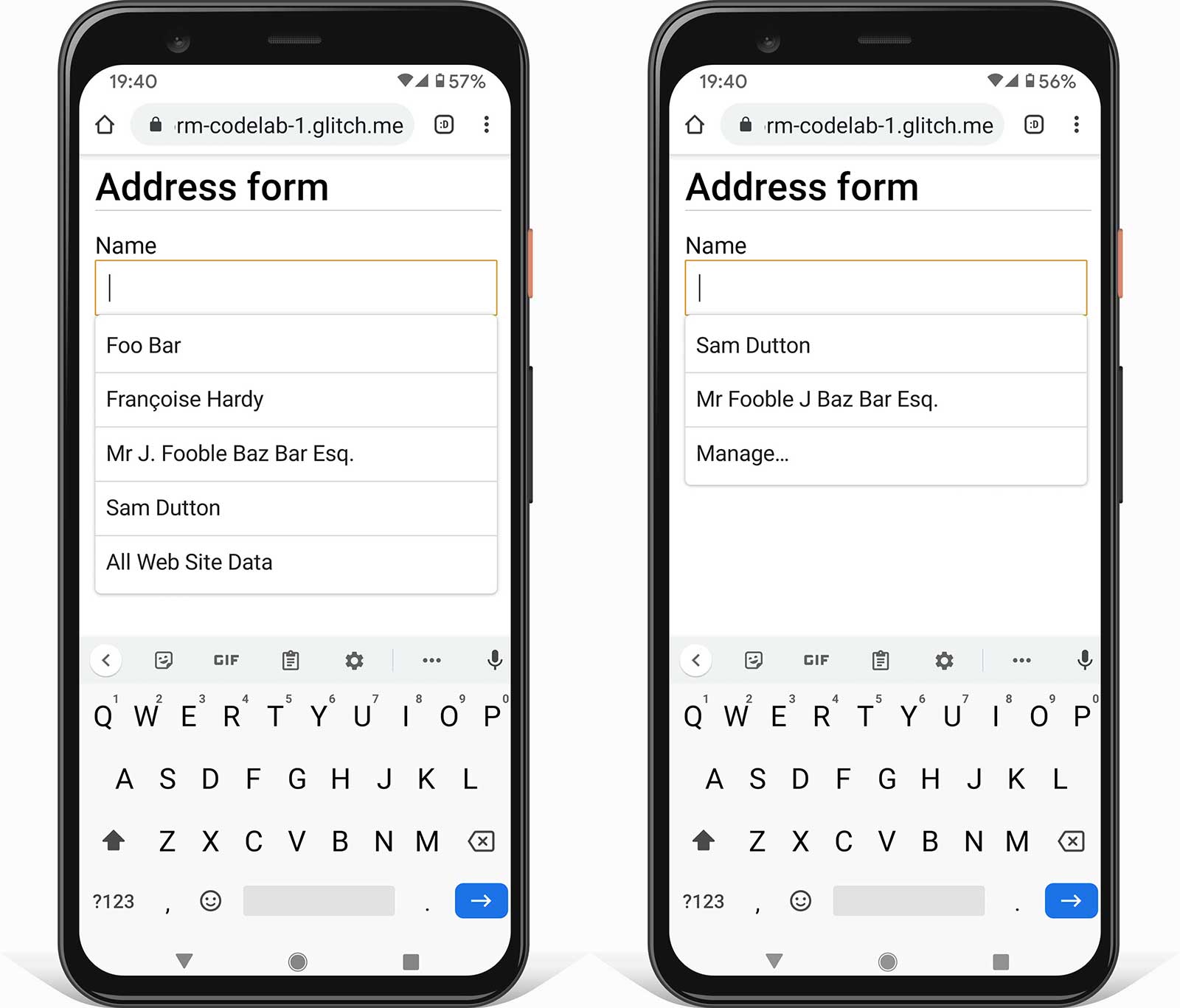لقطةَا شاشة لمتصفّح Chrome على هاتف Android تعرضان نموذجًا يتضمّن حقل إدخال واحدًا، مع قيمة الإكمال التلقائي وبدونها يعرض أحدهما واجهة مستخدم المتصفّح التي تقترح القيم بشكل استقرائي، ويعرض الآخر واجهة المستخدم عندما تكون هناك قيم إكمال تلقائي محفوظة.