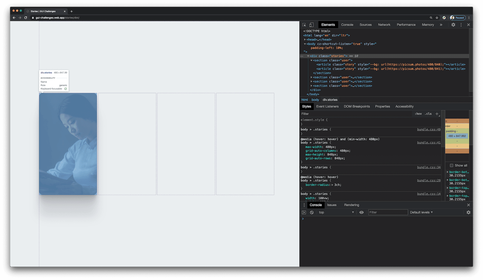 Chrome e DevTools si aprono con una visualizzazione a griglia che mostra il layout a larghezza intera