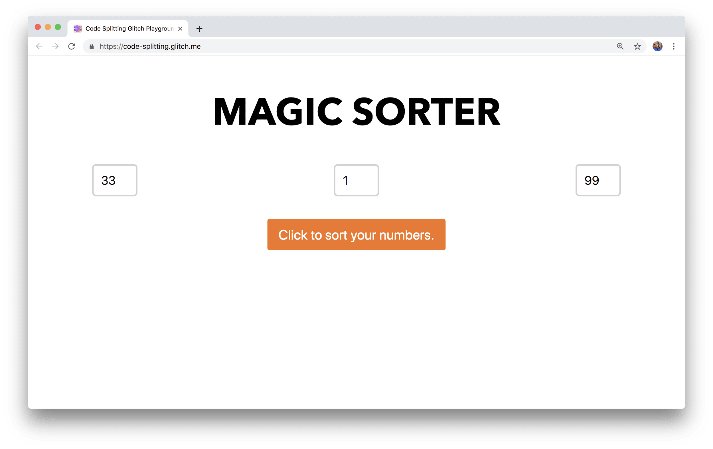 ブラウザ ウィンドウに、数値を入力するための 3 つのフィールドと並べ替えボタンがある「Magic Sorter」というタイトルのアプリケーションが表示されています。