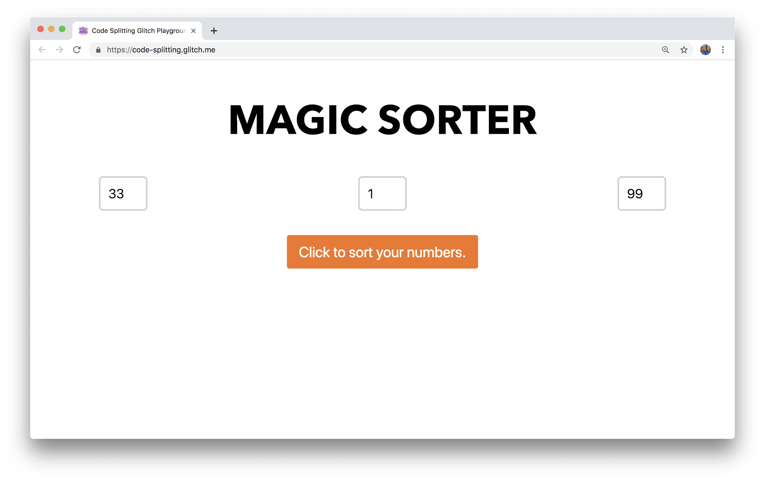 一个浏览器窗口显示了一个名为 Magic Sorter 的应用，该应用有三个用于输入数字的字段和一个排序按钮。