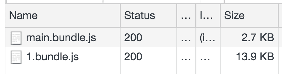 Panel sieciowy pokazujący pakiet kodu JavaScript o rozmiarze 2,7 KB, a za nim pakiet kodu JavaScript o rozmiarze 13,9 KB.