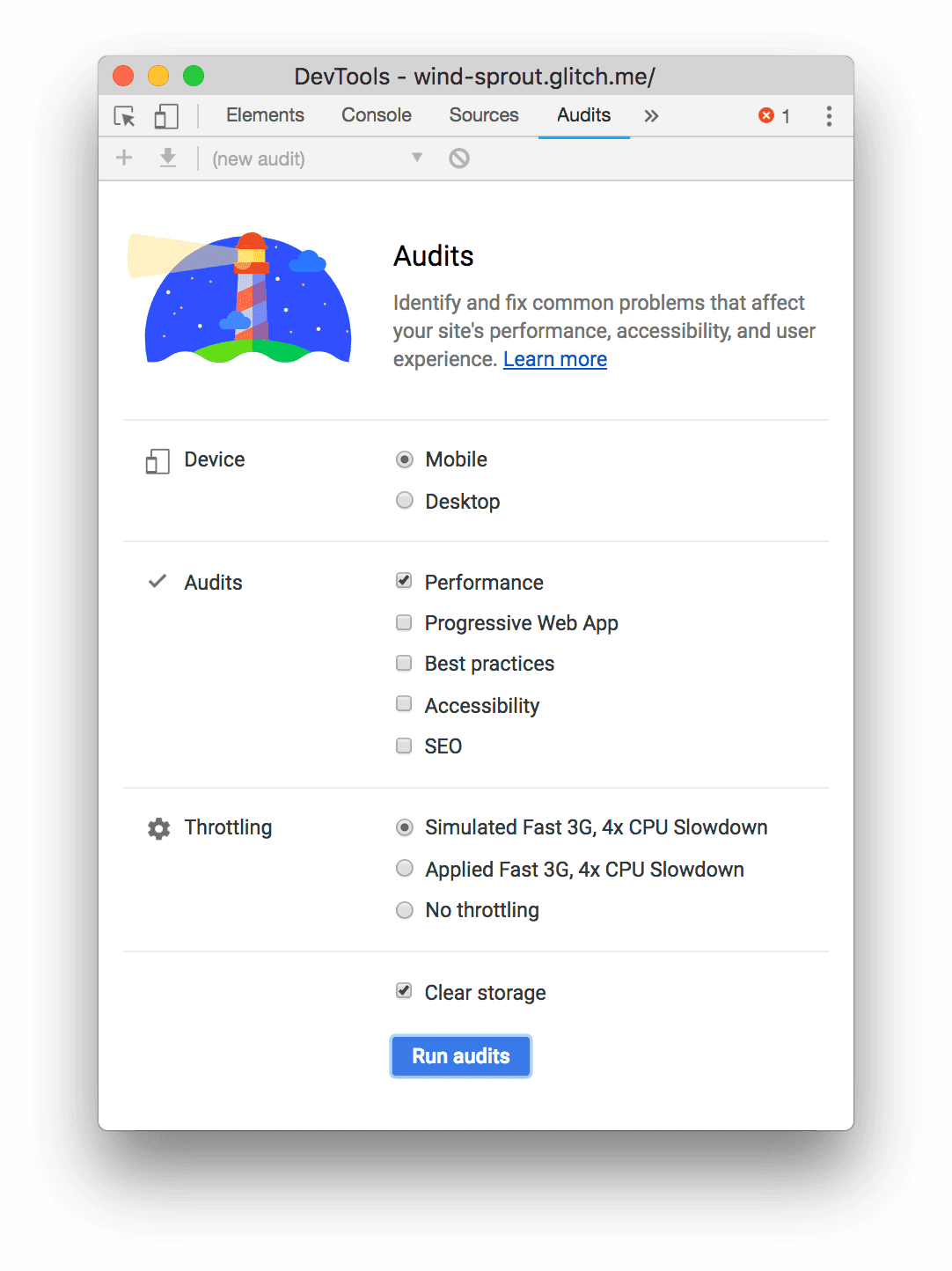 Painel de auditorias do Chrome DevTools com tecnologia do Lighthouse