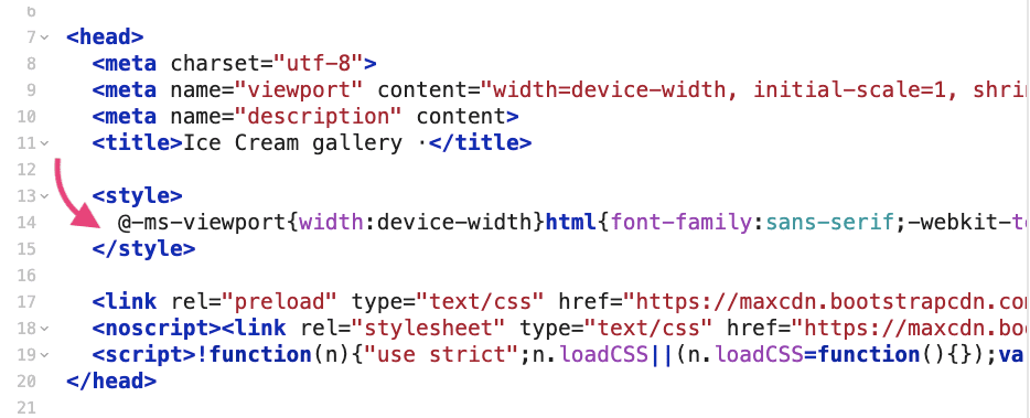 ملف index.html يتضمّن ملف CSS مهمًا مضمّنًا