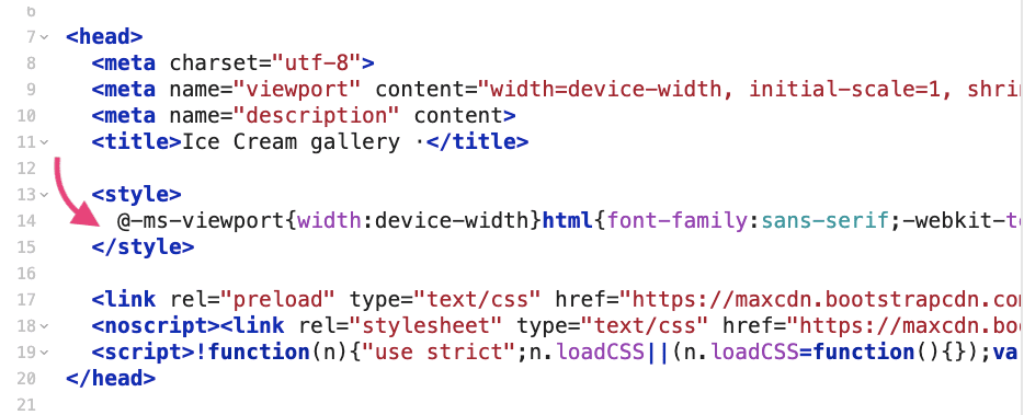 index.html مع محتوى CSS المهم المضمّن