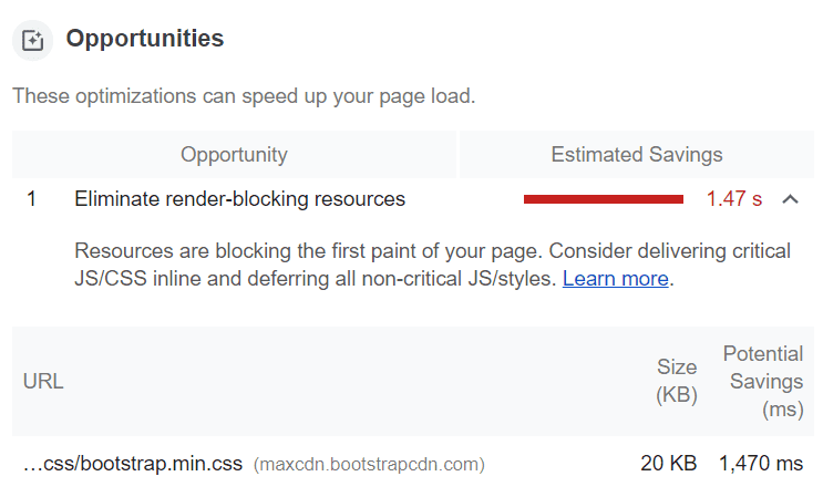 Sección &quot;Oportunidades&quot; de la auditoría de Lighthouse que indica &quot;Elimina los recursos que bloquean la renderización&quot;