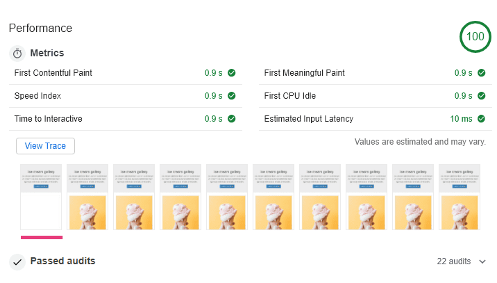 Auditoría de Lighthouse que muestra una puntuación de rendimiento de 100, FCP de 0.9 segundos y una vista de tira de película mejorada para cargar la app