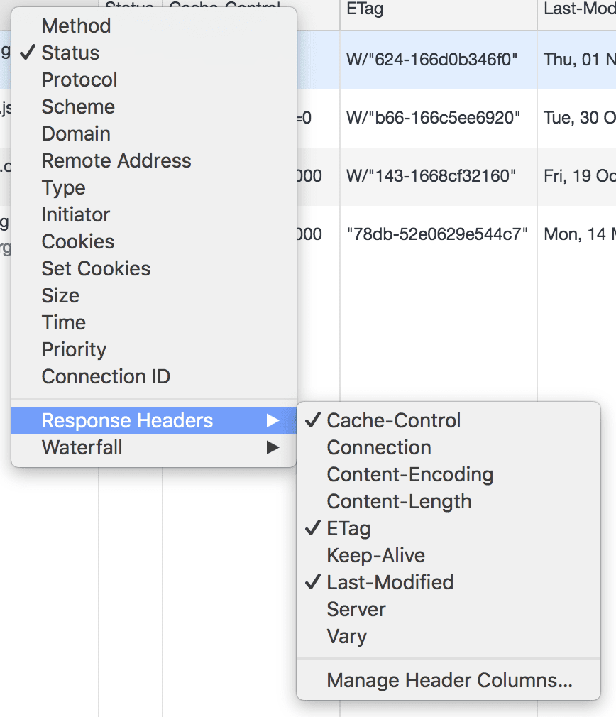 Configuration du panneau &quot;Network&quot; (Réseau) des outils de développement.