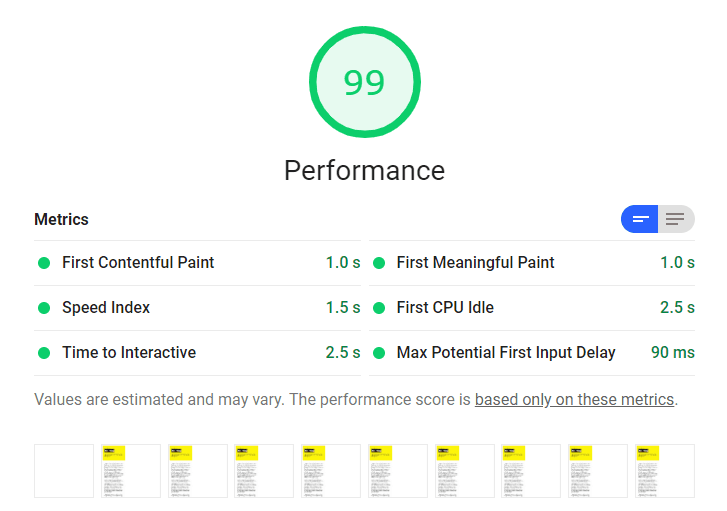 Lighthouse 审核结果，显示 FCP 为 1 秒，性能得分为 99。