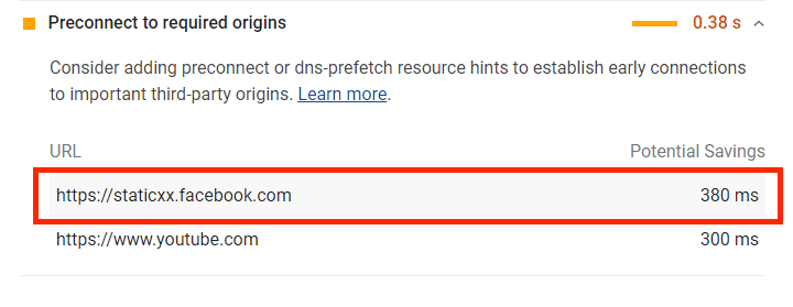 Audit preconnect ke origin yang diperlukan dengan domain staticxx.facebook.com ditandai.