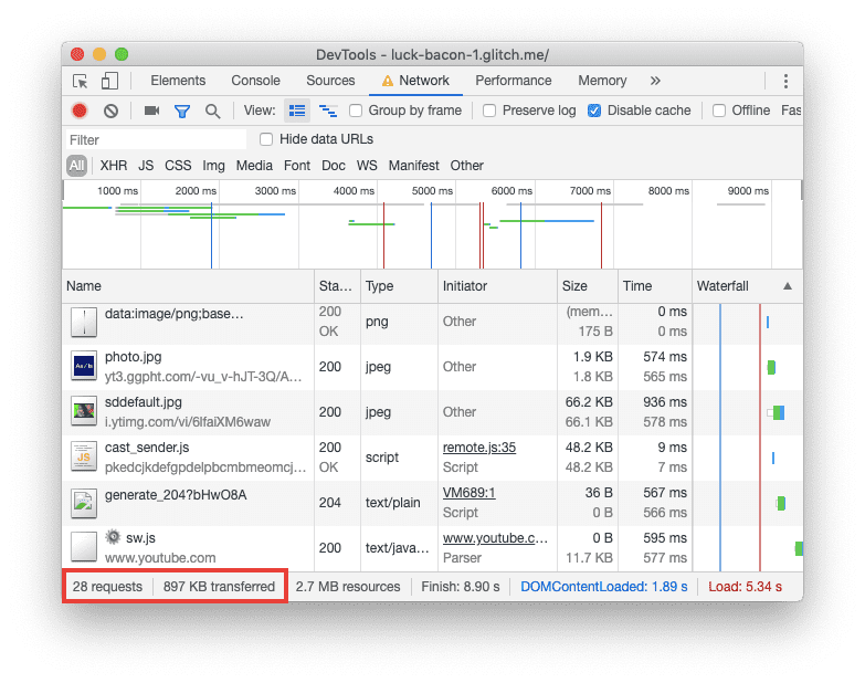 Screenshot del riquadro Network (Rete) di DevTools.