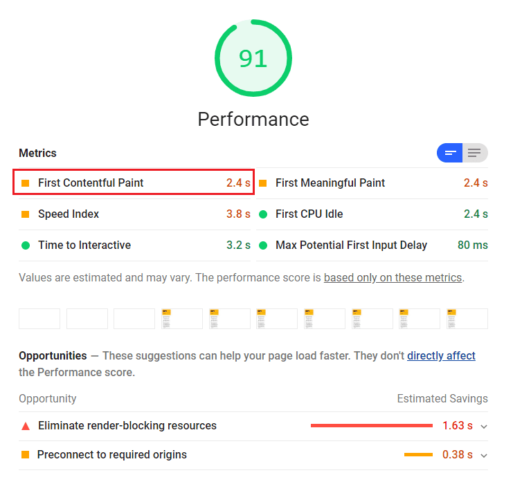 צילום מסך של ביקורת Lighthouse שמוצגים בו זמן FCP של 2.4 שניות ושני הזדמנויות: הסרת משאבים שחוסמים עיבוד ויצירת קישור מראש למקורות נדרשים.