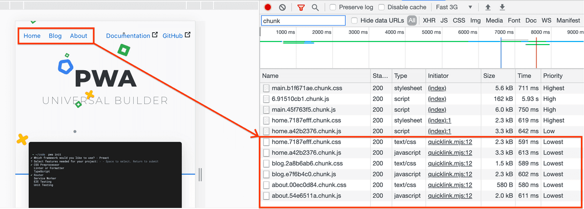 ホームページのチャンクのプリフェッチが表示されている [Network] パネル。