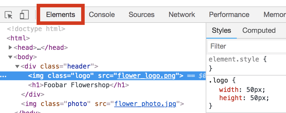 Painel de elementos do DevTools