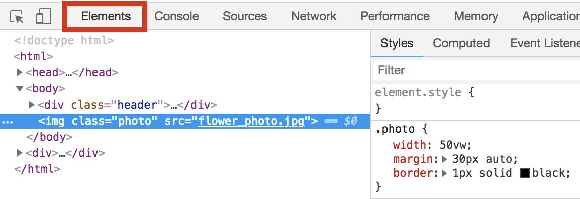 پانل عناصر DevTools