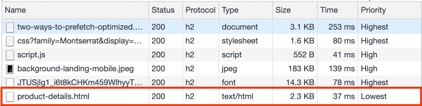 Network panel showing product-details.html prefetched.