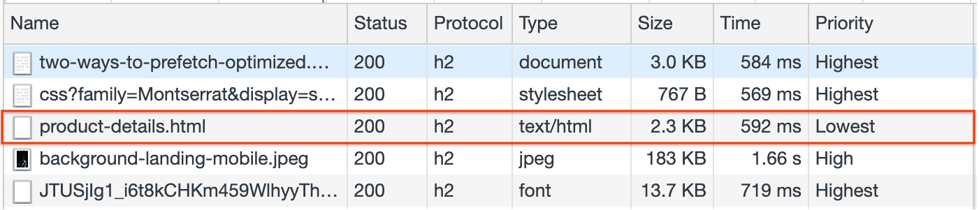 Network panel showing product-details.html prefetched.