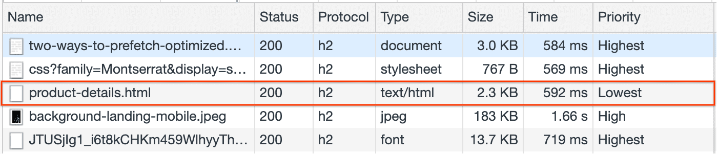 חלונית רשת שמציגה שליפה מראש (prefetch) של product-details.html.