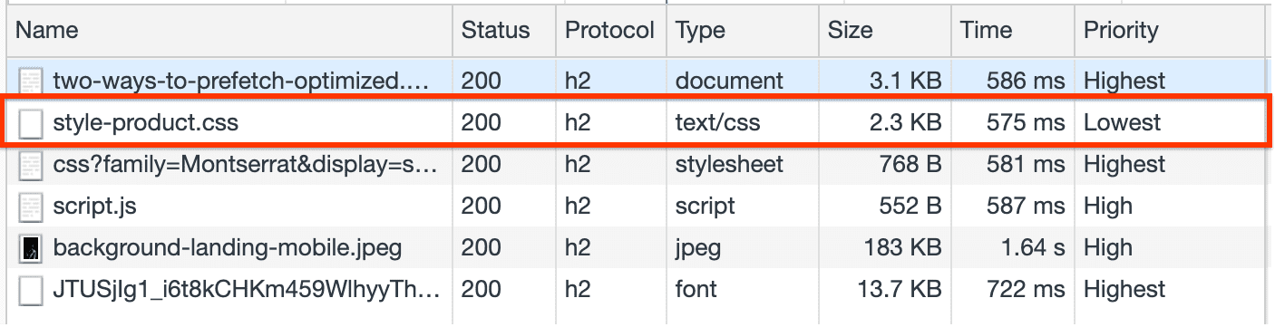 style-product.css प्रीफ़ेच करने वाला नेटवर्क पैनल.