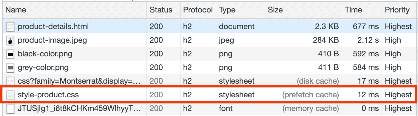 Önceden getirme önbelleğinden alınan style-product.css&#39;yi gösteren ağ paneli.