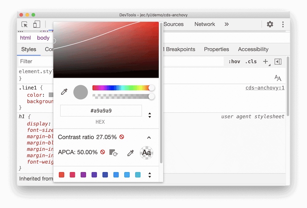 Chrome 中 APCA 功能輸出內容的螢幕截圖。