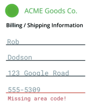 一个表单，其中包含一个以红色下划线标记的错误电话号码和一条错误消息。