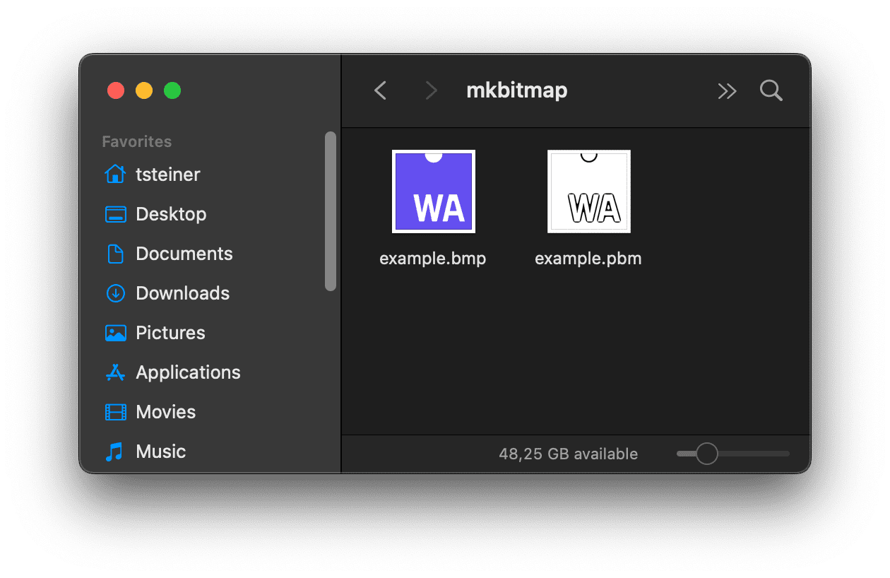 macOS 访达,其中显示了输入 .bmp 文件和输出 .pbm 文件的预览。