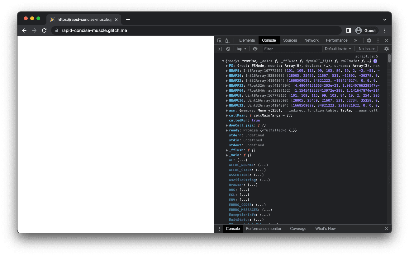 La app mkbitmap con una pantalla blanca, que muestra el objeto Module registrado en la consola de DevTools.