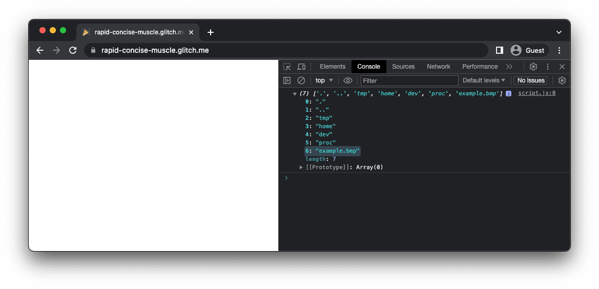 example.bmp dahil olmak üzere bellek dosya sistemindeki bir dosya dizisini gösteren mkbitmap uygulaması.