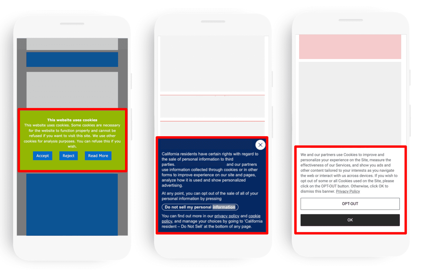 Diagramma che mostra esempi di informative sui cookie con alcune opzioni di configurazione dei cookie