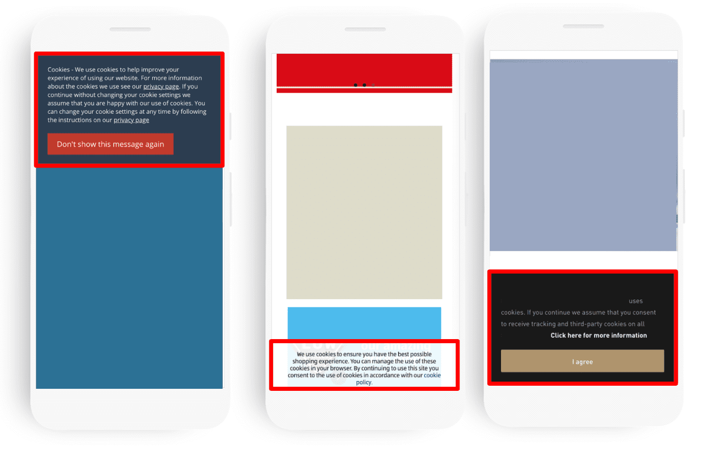 Diagrama que muestra ejemplos de avisos de cookies sin posibilidad de configuración