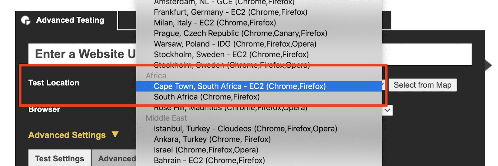 Drop-down-Menü „Test Location“ (Testort) in WebPageTest