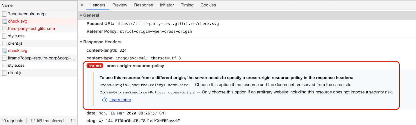 Os detalhes do problema de COEP são mostrados na guia &quot;Headers&quot; depois de clicar em um recurso de rede no painel &quot;Network&quot;.