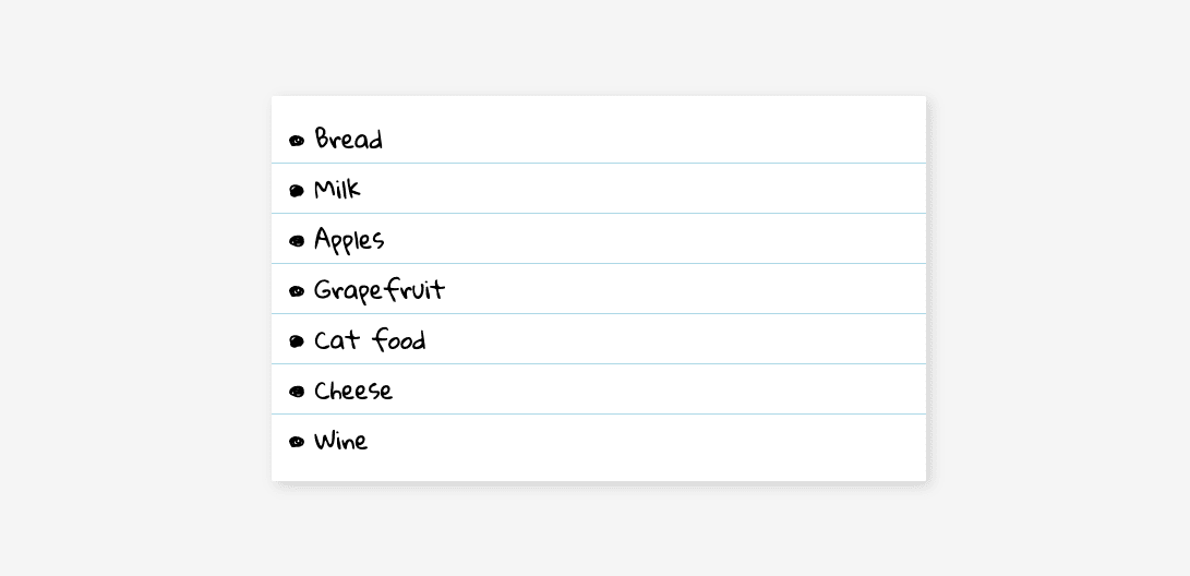 ब्रेड, दूध, सेब जैसे आइटम की खरीदारी की सूची.