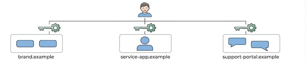 Diagram illustrating cross-domain login fragmentation across distinct organizational domains.