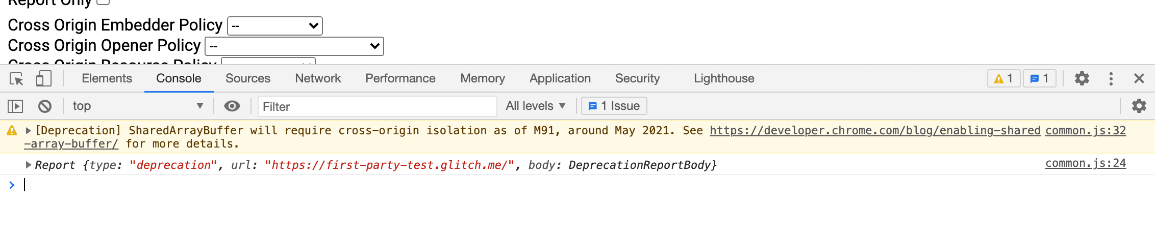 คําเตือนในคอนโซลของ DevTools เมื่อใช้ SharedArrayBuffer โดยไม่แยกต่างหากแบบข้ามต้นทาง