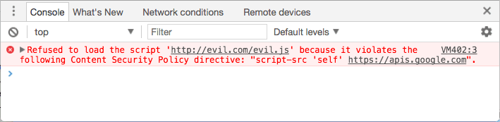 控制台错误：由于脚本“http://evil.example.com/evil.js”违反了以下内容安全政策指令，因此拒绝加载脚本：script-src &#39;self&#39; https://apis.google.com