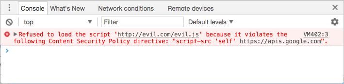 कंसोल में गड़बड़ी: स्क्रिप्ट &#39;http://evil.example.com/evil.js&#39; को लोड करने से इनकार किया गया, क्योंकि यह कॉन्टेंट की सुरक्षा से जुड़ी नीति के इस निर्देश का उल्लंघन करती है: script-src &#39;self&#39; https://apis.google.com