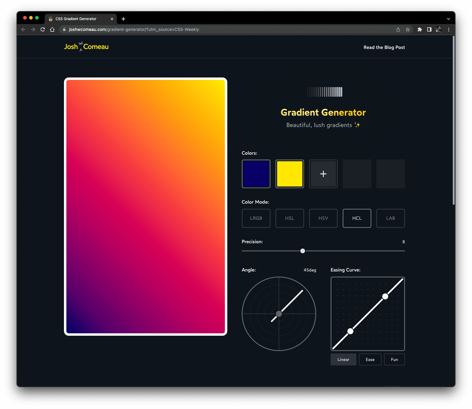 צילום מסך של ה-Gradient Editor עם הדרגה לינארית פשוטה.