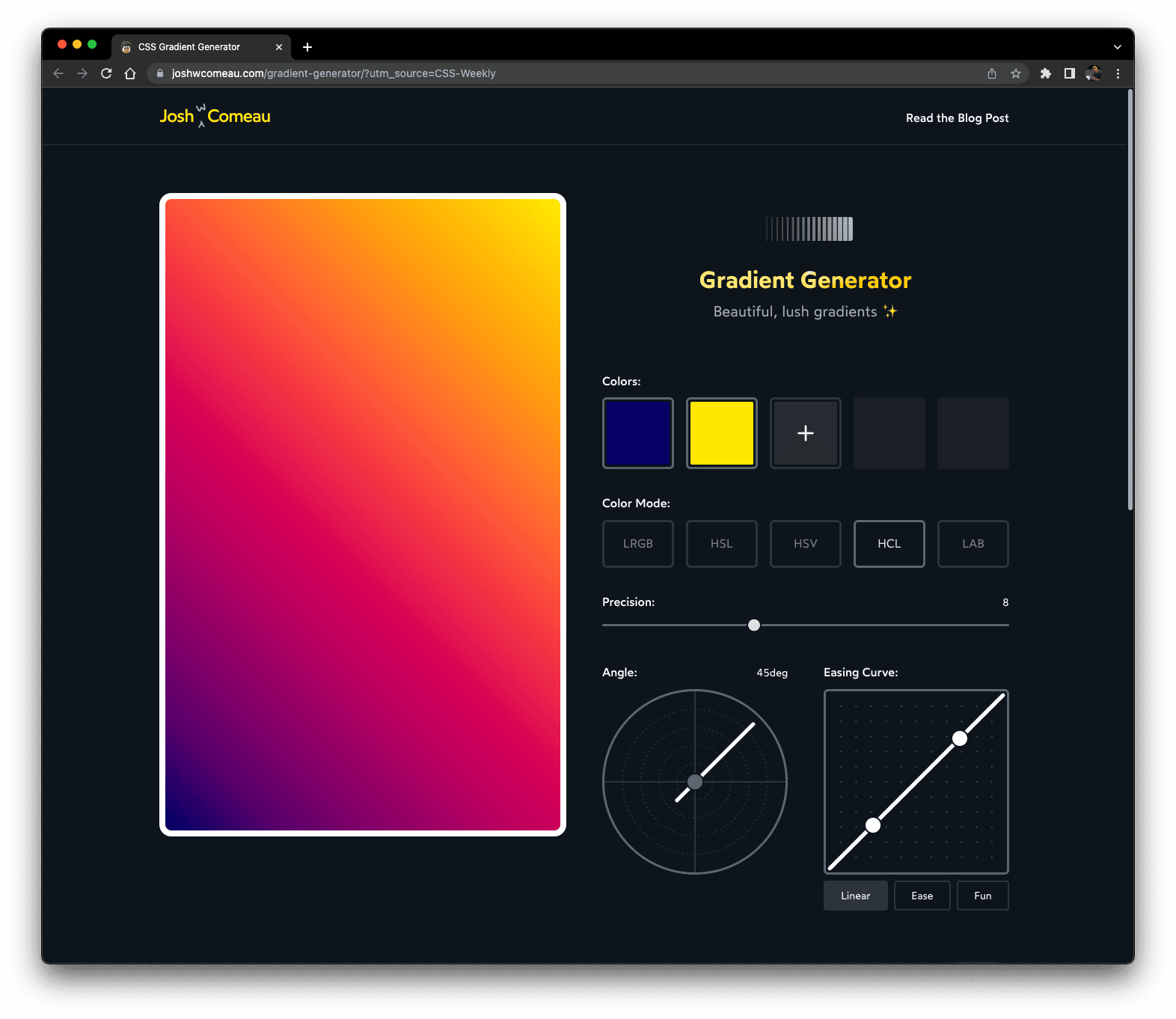 Ảnh chụp màn hình công cụ gradient Editor (Trình chỉnh sửa chuyển màu) với hiệu ứng chuyển màu tuyến tính đơn giản.
