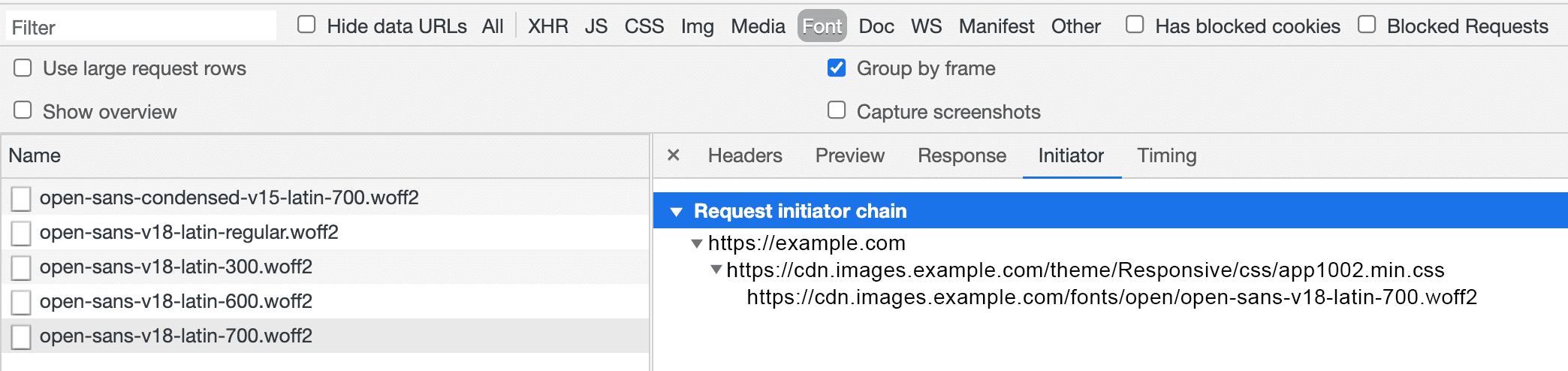 Captura de pantalla de la pestaña &quot;Initiator&quot; en DevTools