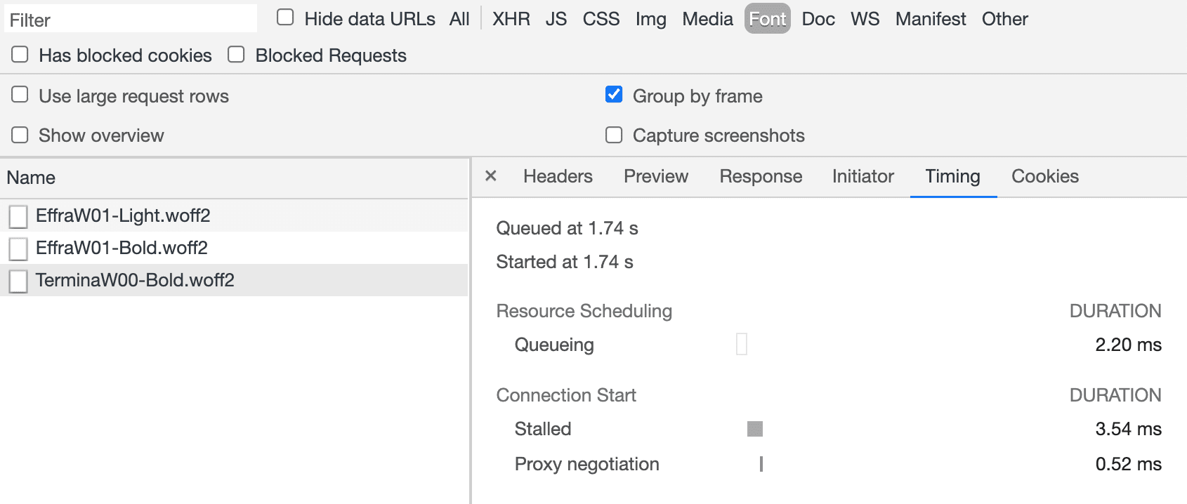 Capture d&#39;écran de l&#39;onglet &quot;Timing&quot; (Temps) dans DevTools