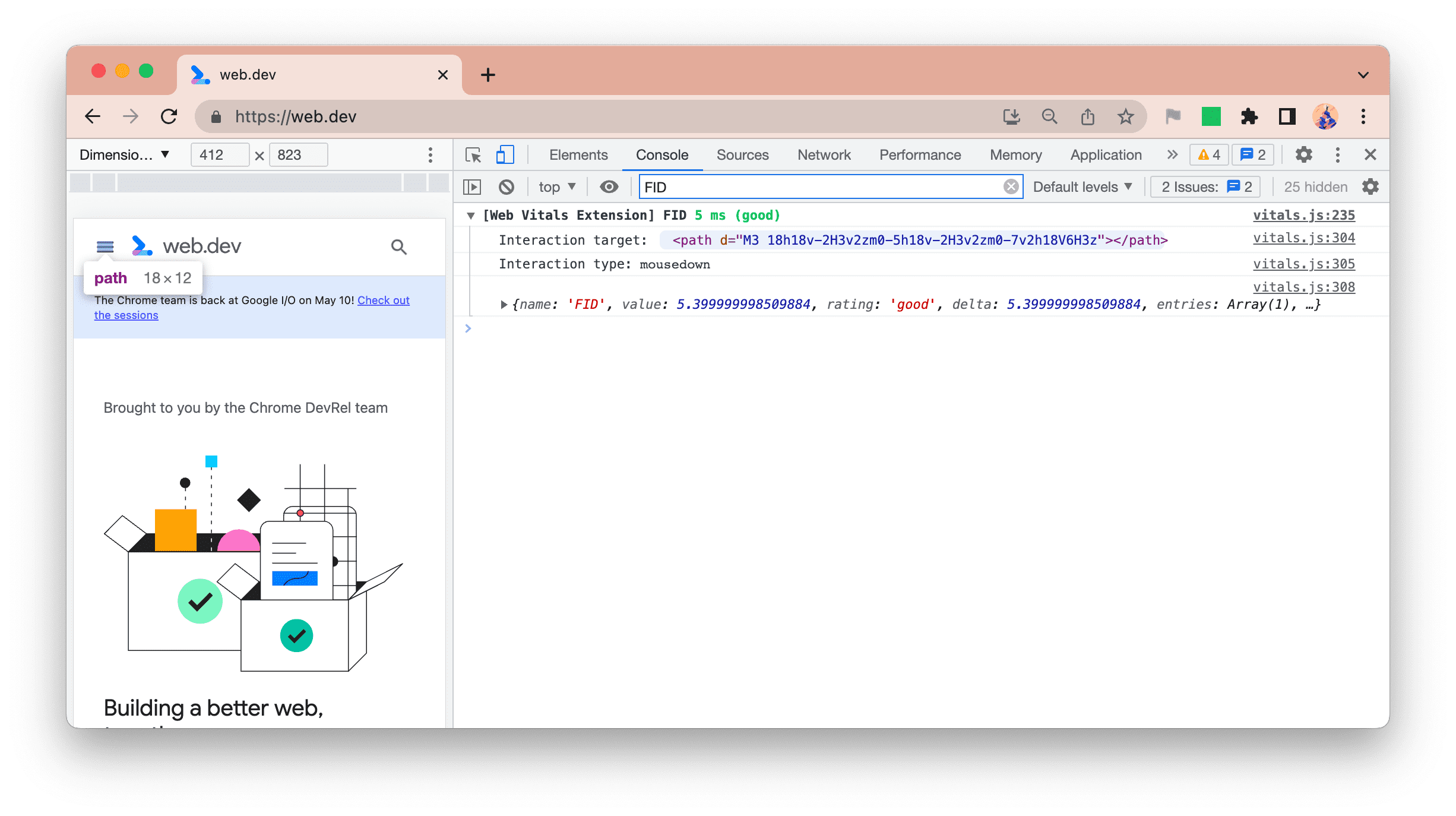 Journalisation de la nouvelle console de l&#39;extension Web Vitals indiquant la cible et le type de FID